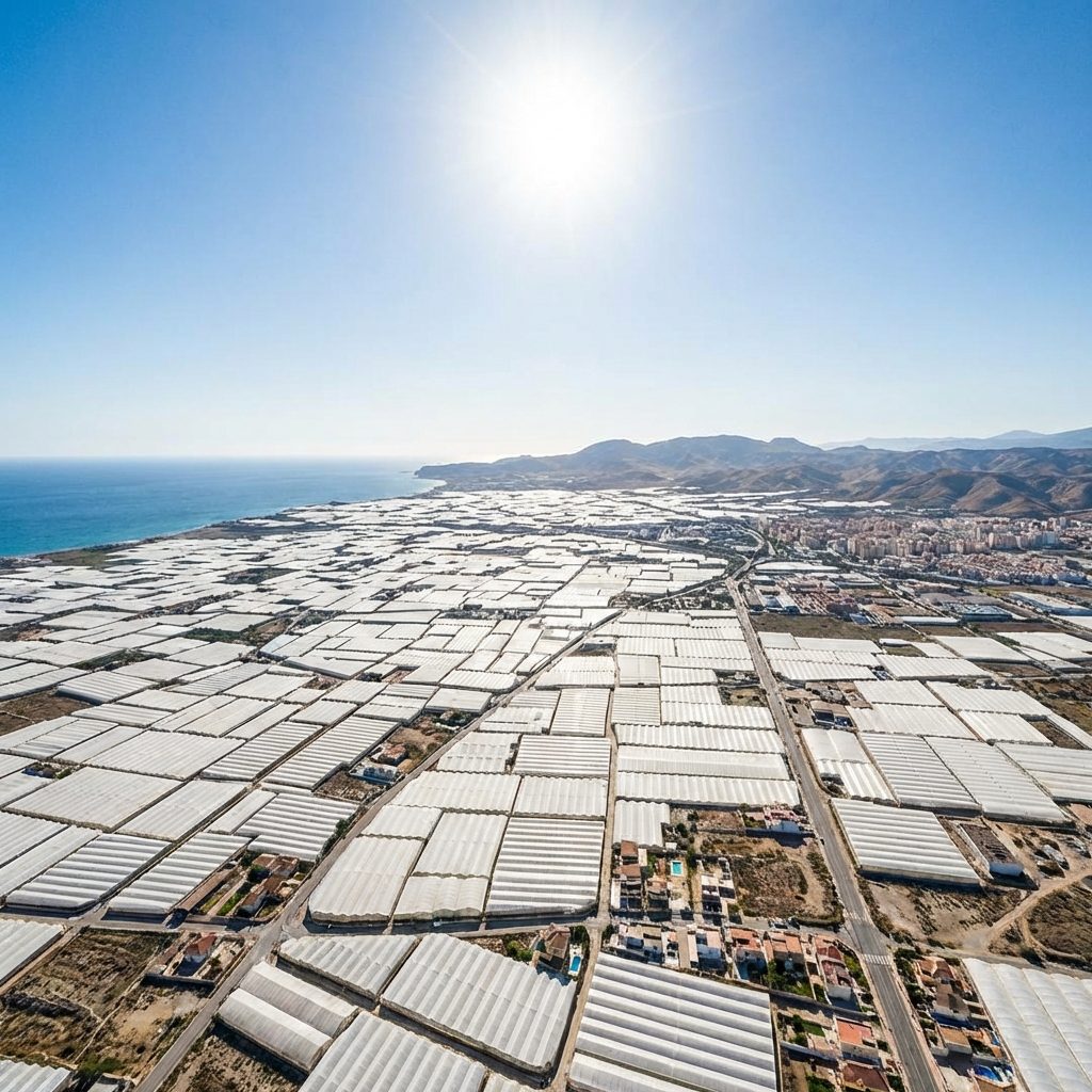 Vista aérea de invernaderos de producción agrícola